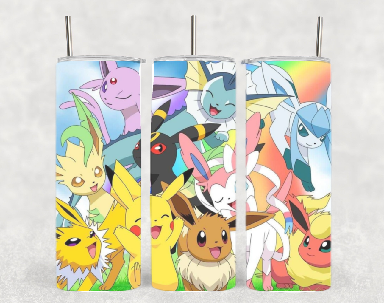 Eevee Evolutions & Pikachu Pokémon Tumbler – 20oz Stainless Steel Skinny Tumbler