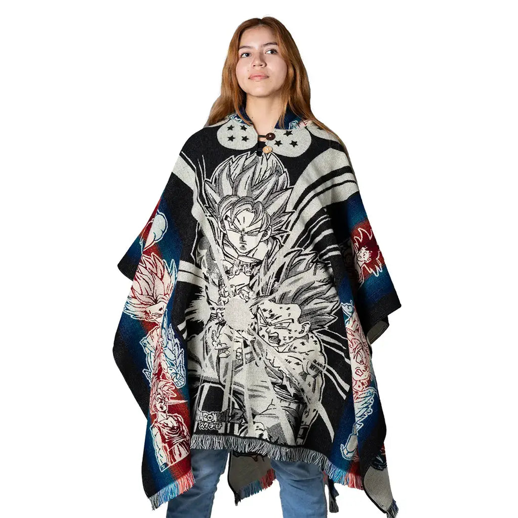 Goku Inspired Anime Alpaca Poncho – Unisex Handwoven Ecuador Wool Poncho