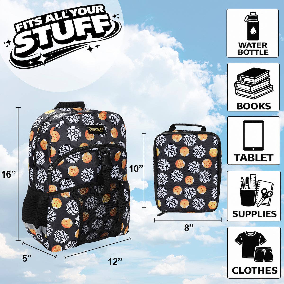 Dragon Ball Z Kids Backpack & Lunch Box Set – 16" All-Over Print School Bag